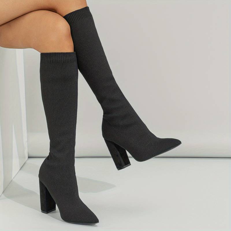Damska - Buty do kolan - Cholewka w stylu skarpetkowym - Wąski czubek - Modne buty na każdą okazję