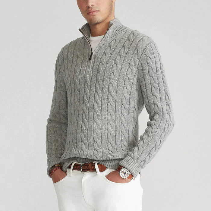 Męska - Sweter - Zamkiem błyskawicznym - Dzianina kablowa - Stylowy design na każdą okazję