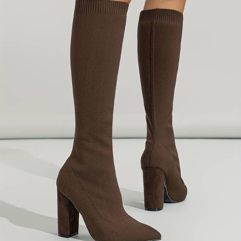 Damska - Buty do kolan - Cholewka w stylu skarpetkowym - Wąski czubek - Modne buty na każdą okazję
