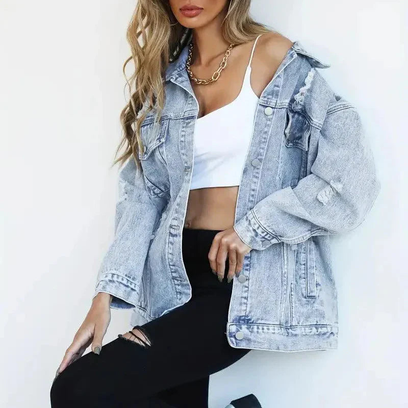 Damska - Kurtka dżinsowa oversize - Oddychającego materiału - Wszechstronna moda na co dzień