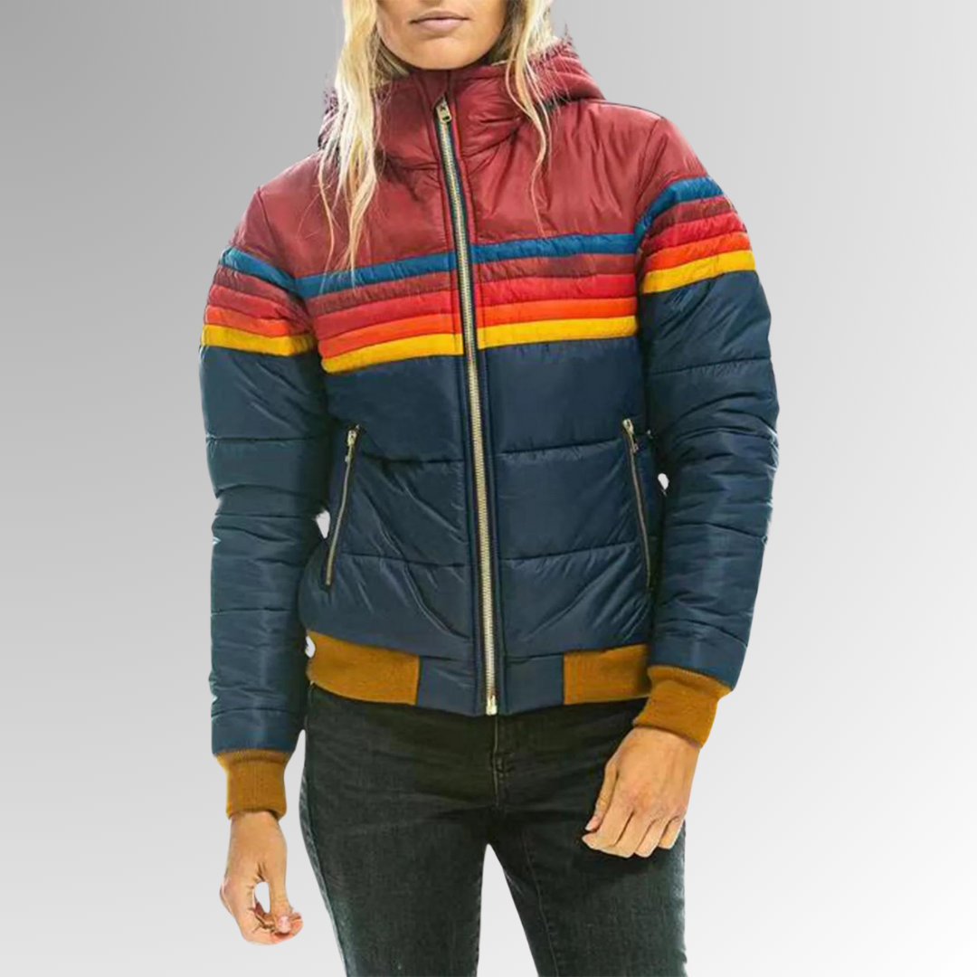 Damska kurtka puchowa - wodoodporna kurtka z kapturem w stylu colorblock - idealna na zimowe dni