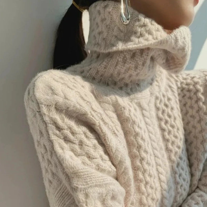 Damska - Sweter zimowy - Dzianina na drutach - Styl roll neck - Ciepły i modny