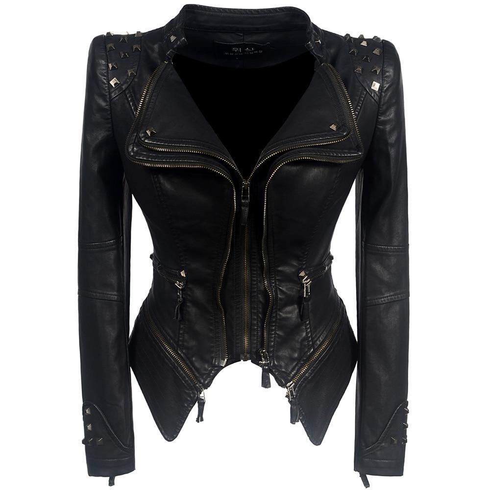 Damska - Czarna kurtka biker - Dopasowany krój - Stylowy design - Modny wybór na każdą okazję