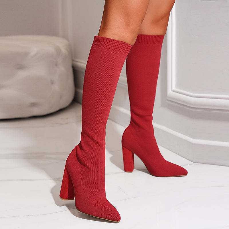 Damska - Buty do kolan - Cholewka w stylu skarpetkowym - Wąski czubek - Modne buty na każdą okazję