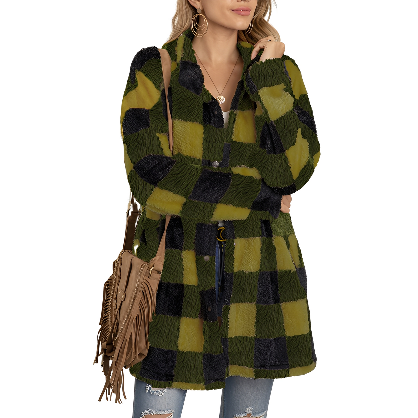 Damska - Długa kurtka w kratę - Miękki materiał - Modny na każdą okazję