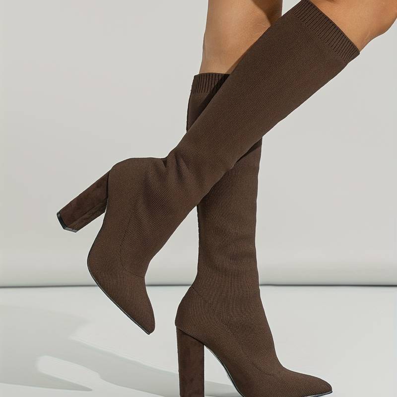 Damska - Buty do kolan - Cholewka w stylu skarpetkowym - Wąski czubek - Modne buty na każdą okazję