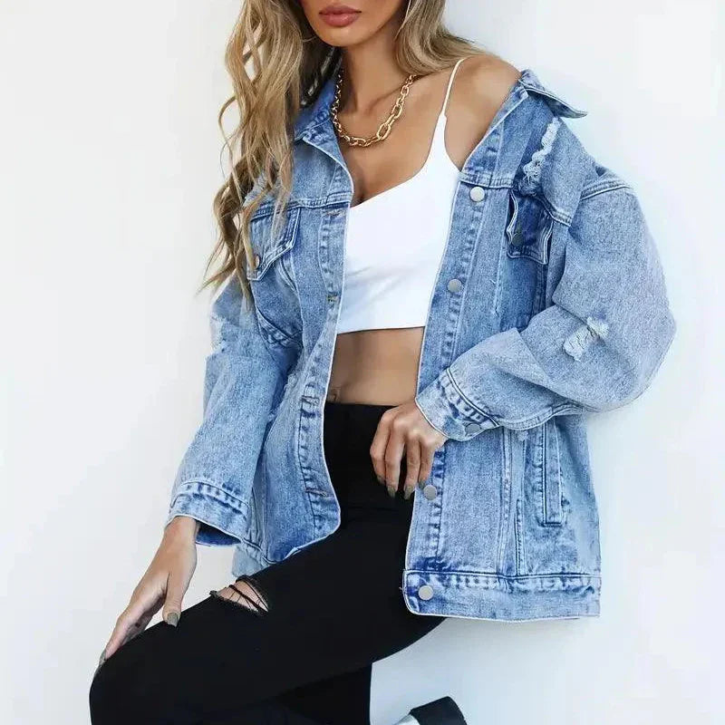 Damska - Kurtka dżinsowa oversize - Oddychającego materiału - Wszechstronna moda na co dzień