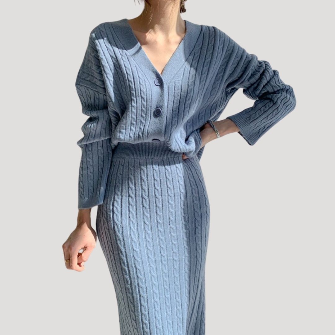 Damska - Zestaw dzianinowy - Spódnica midi i kardigan - Stylowy i komfortowy - Moda damska