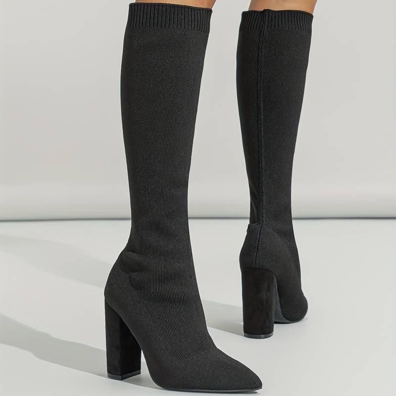 Damska - Buty do kolan - Cholewka w stylu skarpetkowym - Wąski czubek - Modne buty na każdą okazję