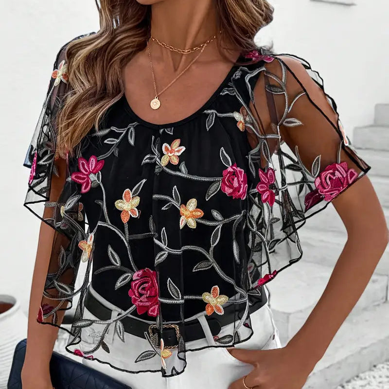 Damska - Bluzka - Haftowana siateczka - Bawełną - Elegancki i stylowy top - Modny wybór na każdą okazję