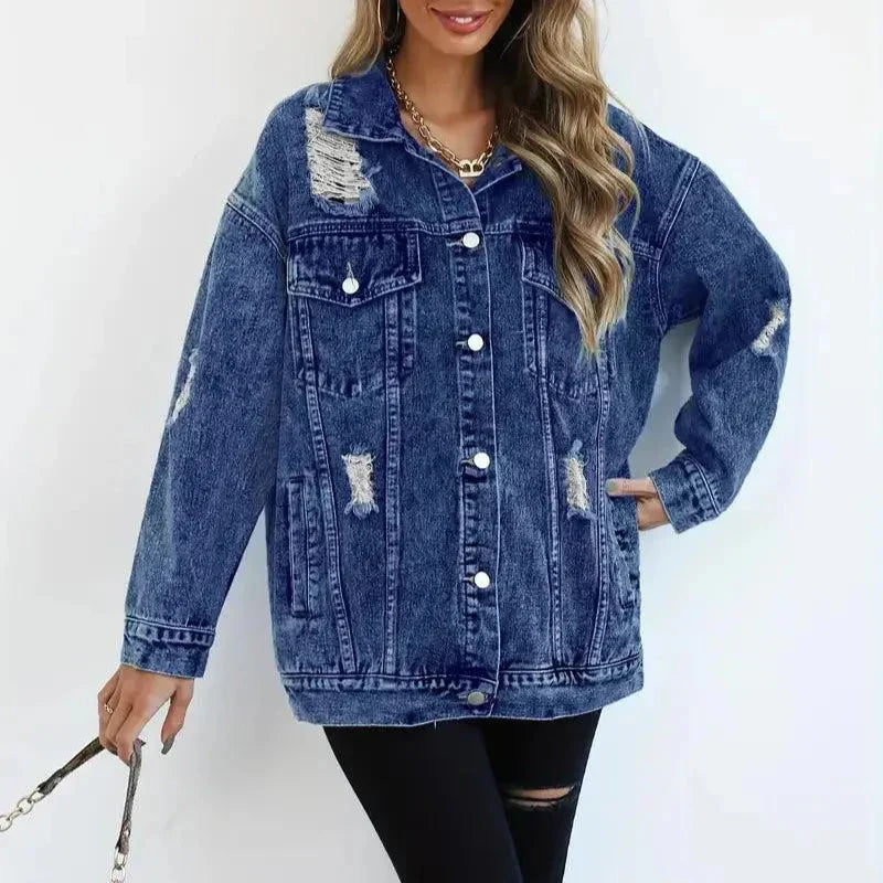 Damska - Kurtka dżinsowa oversize - Oddychającego materiału - Wszechstronna moda na co dzień
