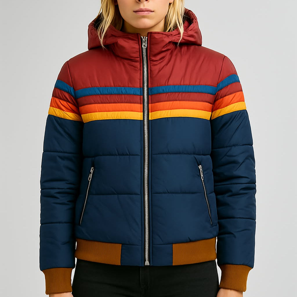 Damska kurtka puchowa - wodoodporna kurtka z kapturem w stylu colorblock - idealna na zimowe dni