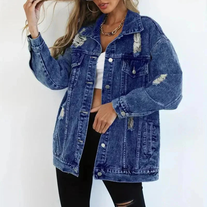 Damska - Kurtka dżinsowa oversize - Oddychającego materiału - Wszechstronna moda na co dzień