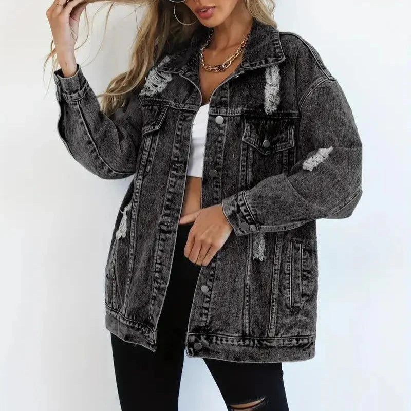 Damska - Kurtka dżinsowa oversize - Oddychającego materiału - Wszechstronna moda na co dzień