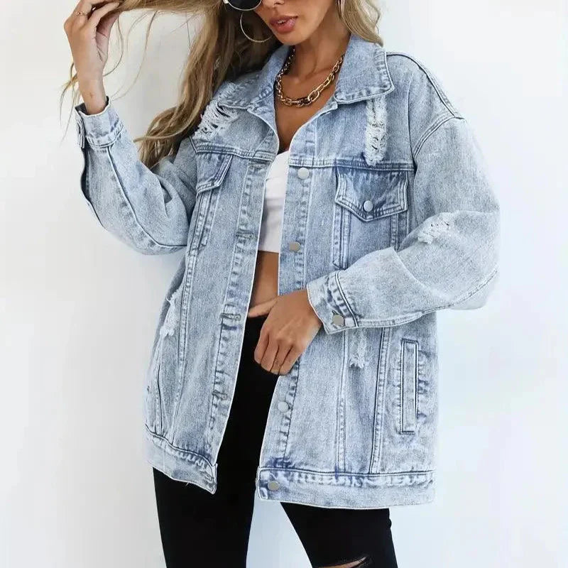 Damska - Kurtka dżinsowa oversize - Oddychającego materiału - Wszechstronna moda na co dzień