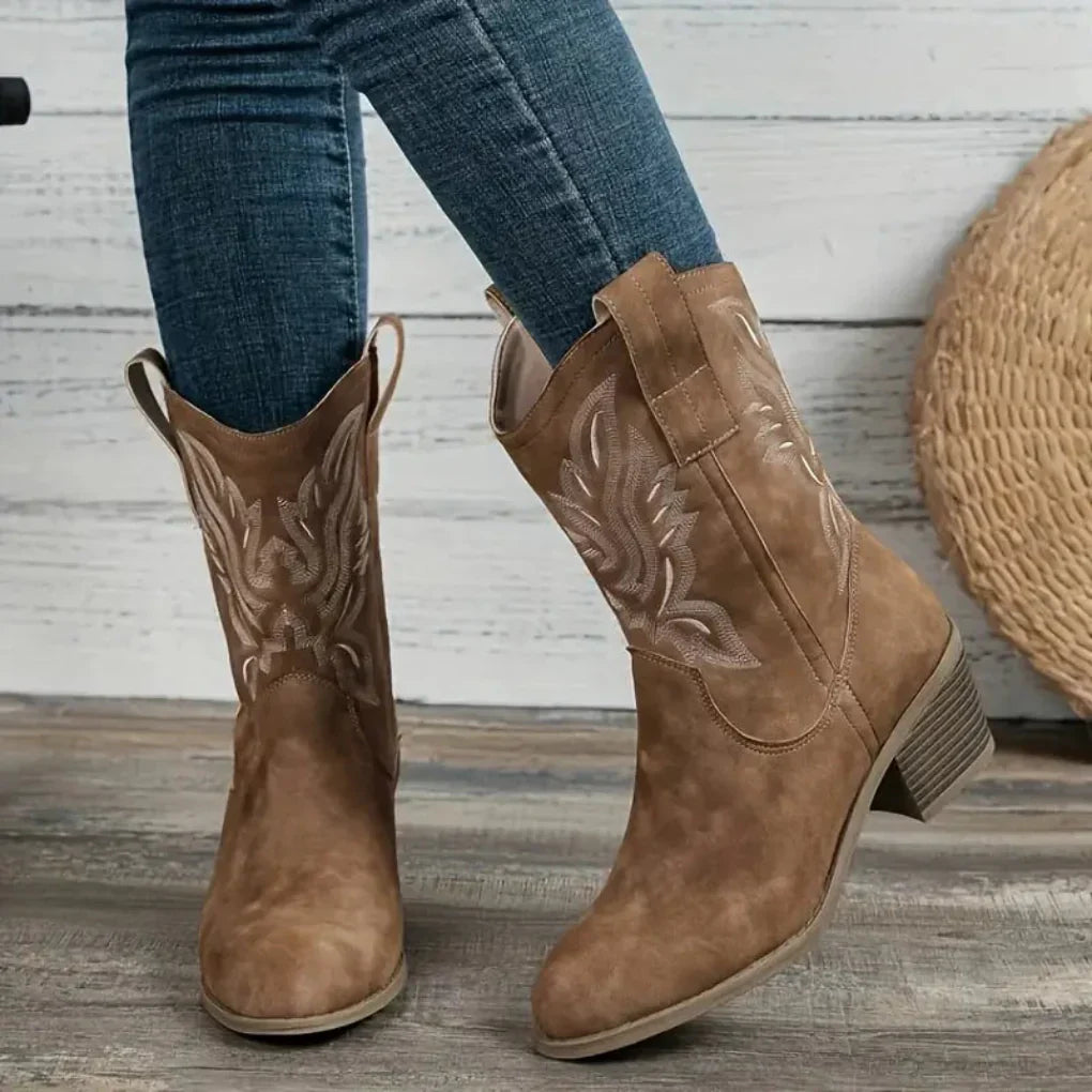Damska - Buty kowbojki - Skóra - Zaokrąglony nosek - Styl Western z haftem