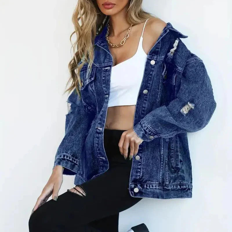 Damska - Kurtka dżinsowa oversize - Oddychającego materiału - Wszechstronna moda na co dzień