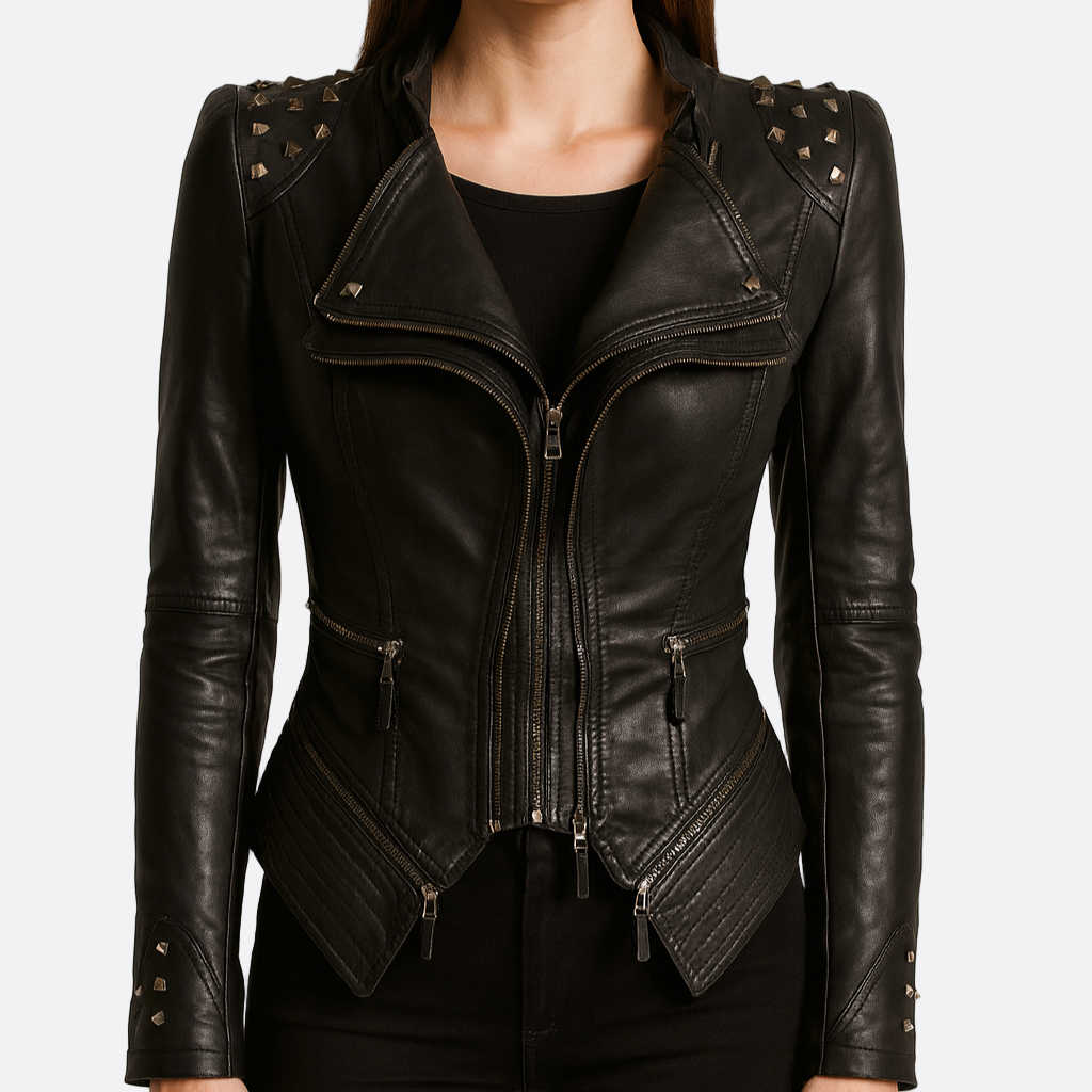Damska - Czarna kurtka biker - Dopasowany krój - Stylowy design - Modny wybór na każdą okazję