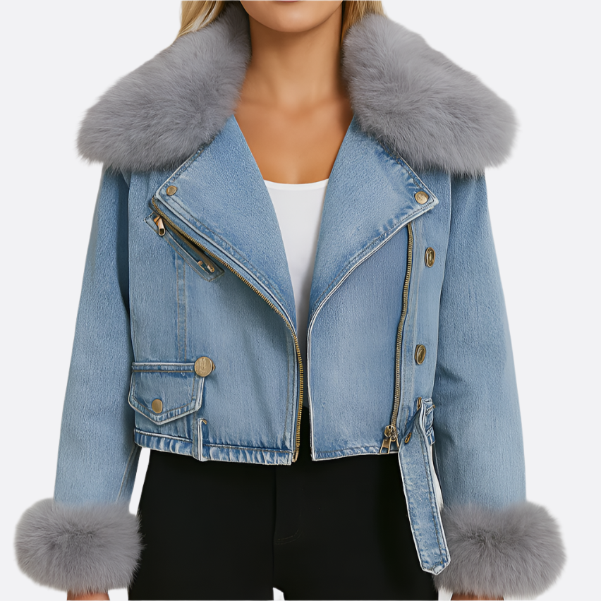 Damska - Kurtka - Denim - Niebieska z kołnierzem i mankietami ze sztucznego futra - Modny zimowy styl