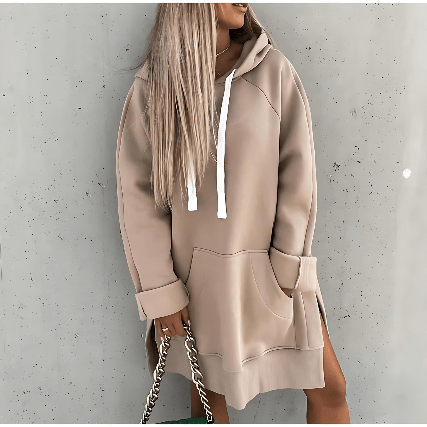 Damska - Sukienka oversize z kapturem - Mieszanka bawełny - Modny styl na każdą okazję