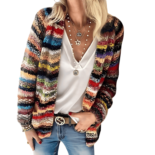 Damska - Wielokolorowy kardigan - Przytulna dzianina - Stylowy casual