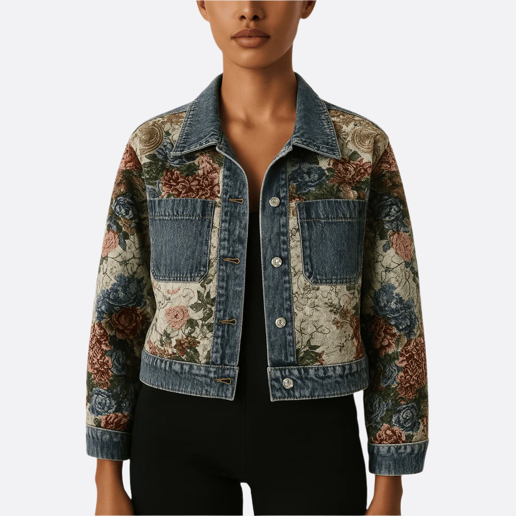 Damska - Kurtka Dżinsowa - Organicznej bawełny - Ręcznie malowany styl organiczny - Vintage kwiatowy design