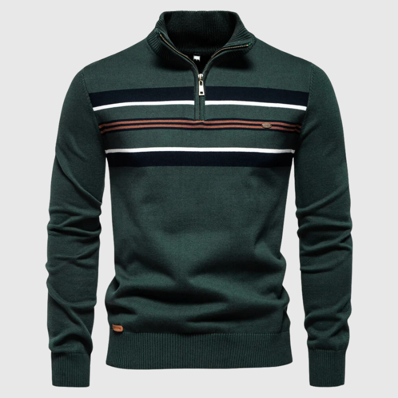 Męska - Sweter w paski - Połową zamka błyskawicznego - Kontrastowy wzór - Modny styl na każdą okazję