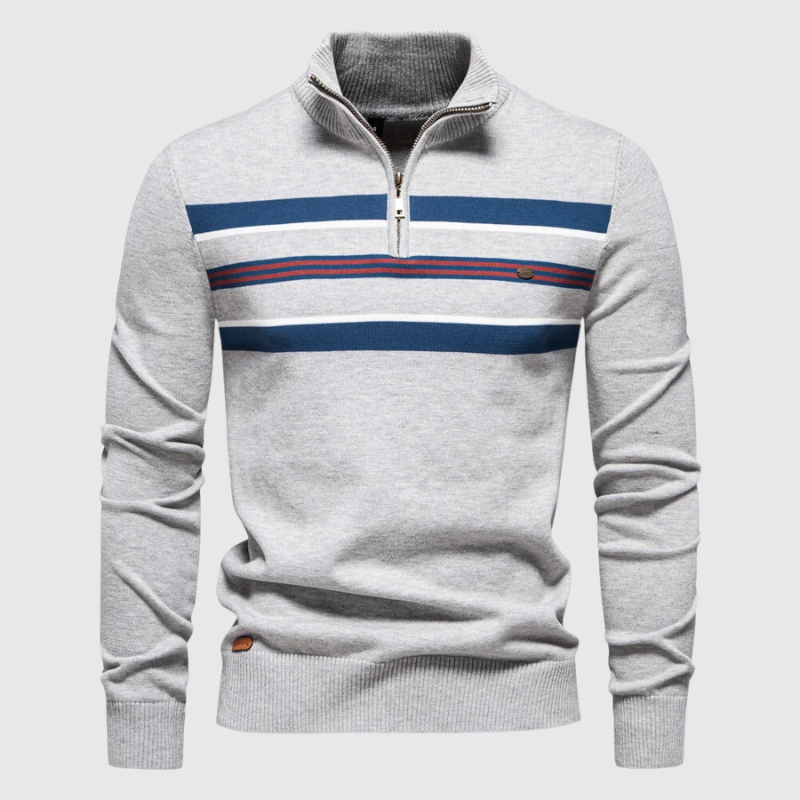 Męska - Sweter w paski - Połową zamka błyskawicznego - Kontrastowy wzór - Modny styl na każdą okazję