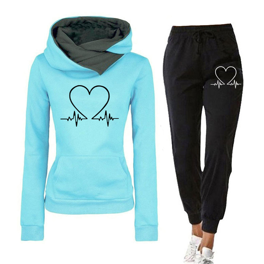 Damska - Zestaw bielizny dziennej - Bluza z kapturem i joggery z nadrukiem - Komfortowy styl Heartbeat