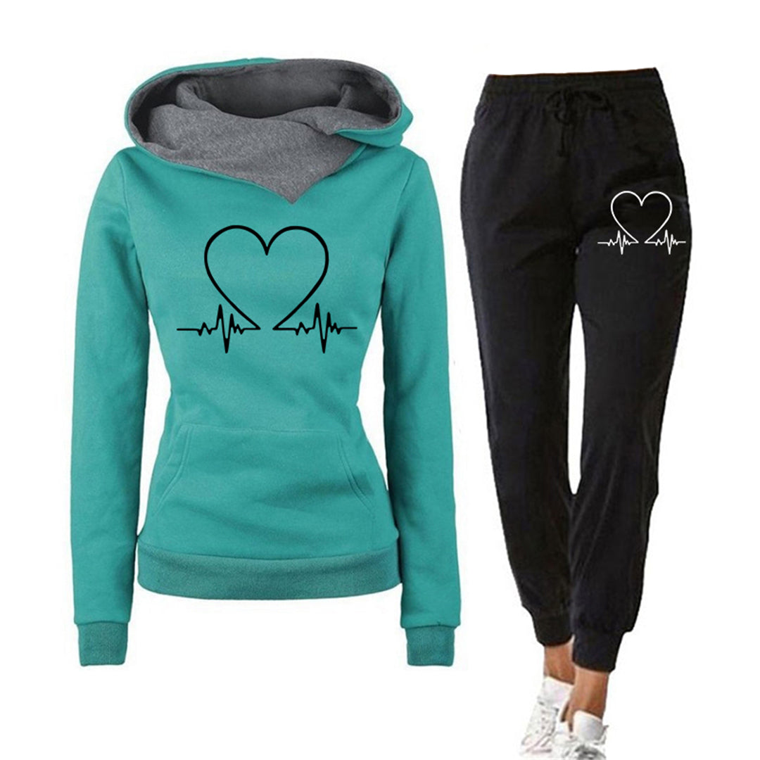 Damska - Zestaw bielizny dziennej - Bluza z kapturem i joggery z nadrukiem - Komfortowy styl Heartbeat