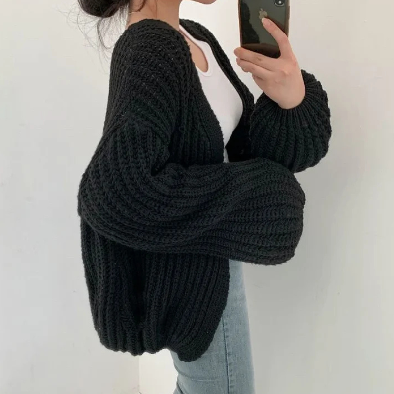 Damska - Sweter w stylu vintage - Rękawami typu latarnia - Gruba dzianina prążkowana - Podkreślający figurę krój