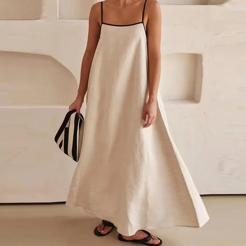 Damska - Maxi sukienka - Bawełna, mieszanka lnu - Minimalistyczny styl z ramiączkami spaghetti - Moda na każdą okazję