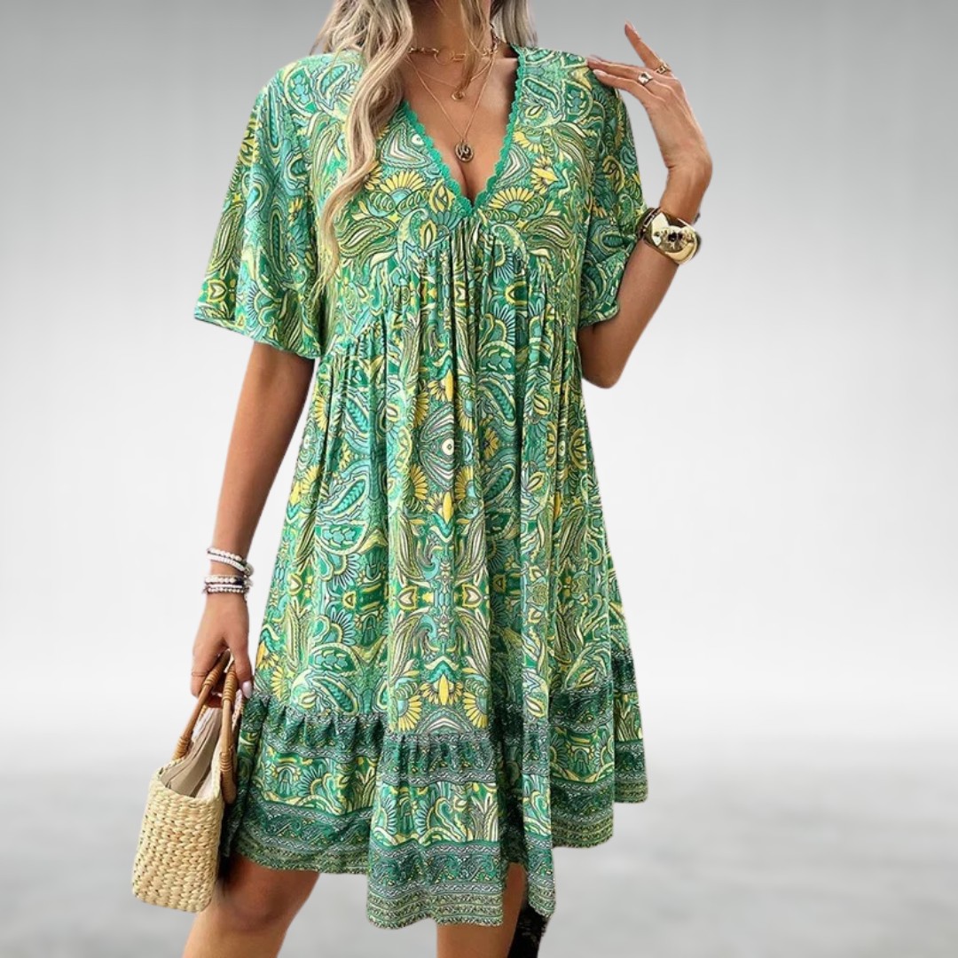 Damska - Boho Swing Dress - Lekki materia - Lekka i lejąca - Idealna na lato - Stylowa sukienka na ciepłe dni