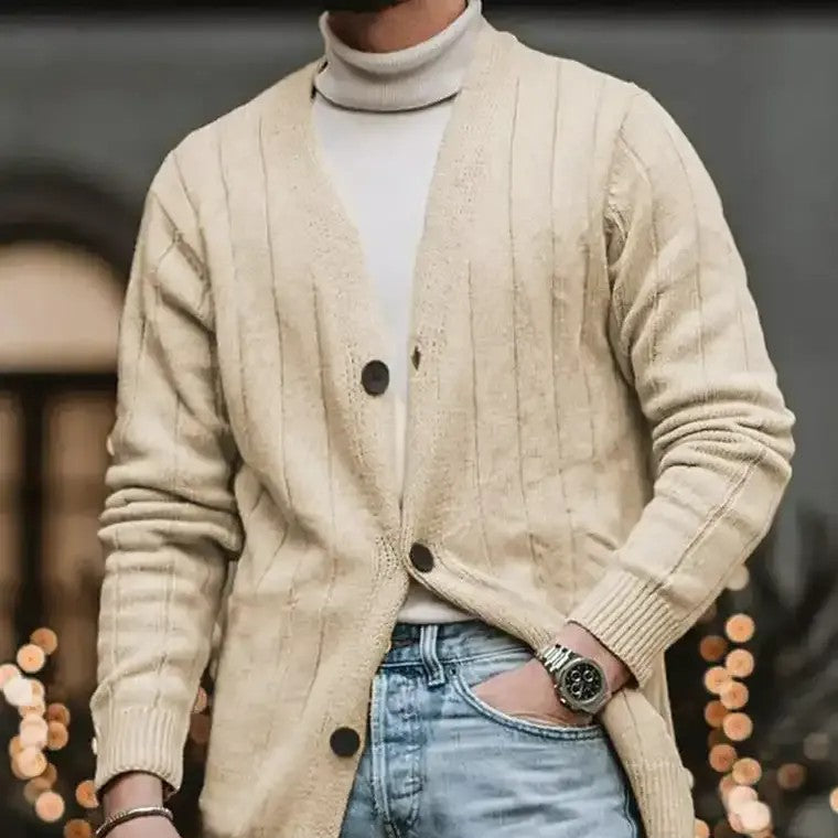 Męska - Kardigan - Prążkowanym dekoltem - Szpic i zapięciem na guziki - Idealny do nakładania warstw