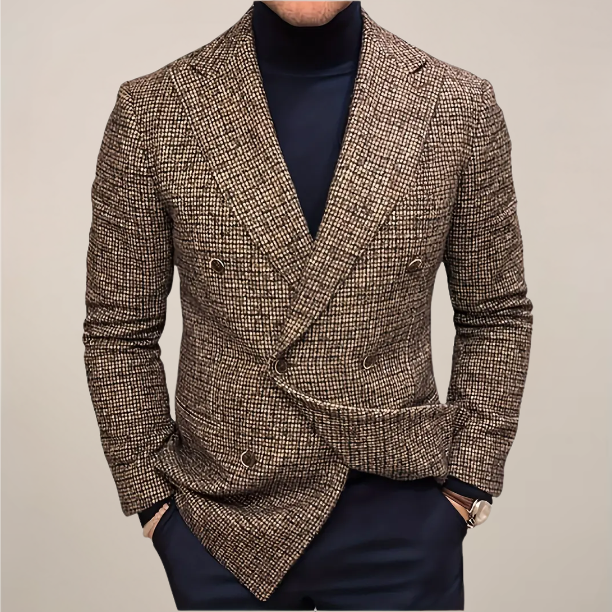 Męska - Dwurzędowa marynarka w kratę - Elegancki styl - Idealna na każdą okazję