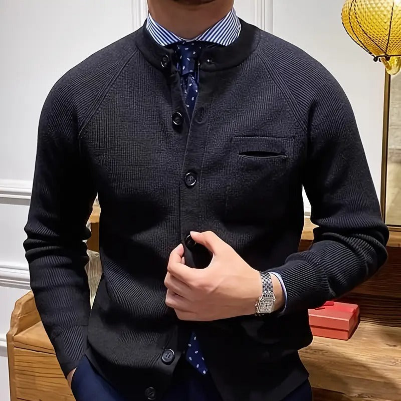 Męska - Kardigan - Prążkowany materiał - Dekolt w szpic - Stylowy sweter na każdą okazję