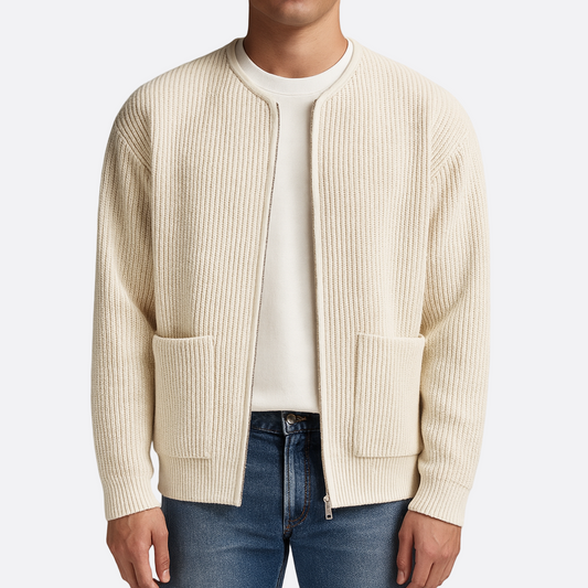 Męska - Kardigan minimalistyczny - Zamkiem błyskawicznym - Prążkowana dzianina - Idealny na każdą okazję
