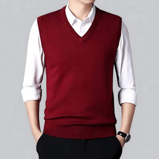 Męska - Klasyczny kardigan bez rękawów - Dekoltem w szpic - Miękki materiał - Stylowa warstwa wierzchnia