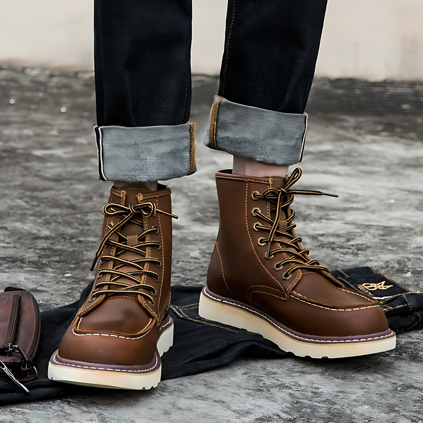 Męska - Skórzane buty za kostkę - Sznurowane - stylowe i wygodne obuwie na każdą okazję