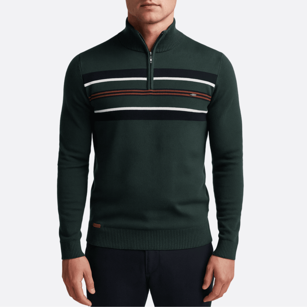 Męska - Sweter w paski - Połową zamka błyskawicznego - Kontrastowy wzór - Modny styl na każdą okazję