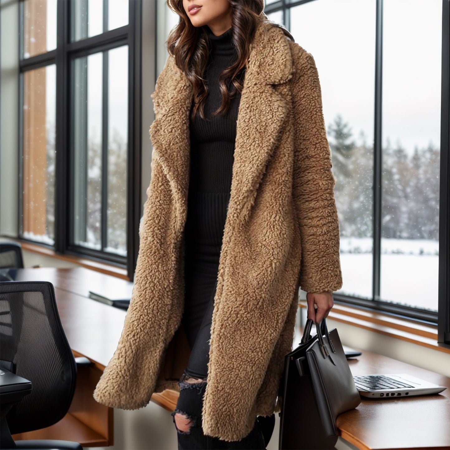 Damska - Stylowy Płaszcz - Oversized Teddy Coat - Kołnierzem i Podszewką - Modny i Wygodny
