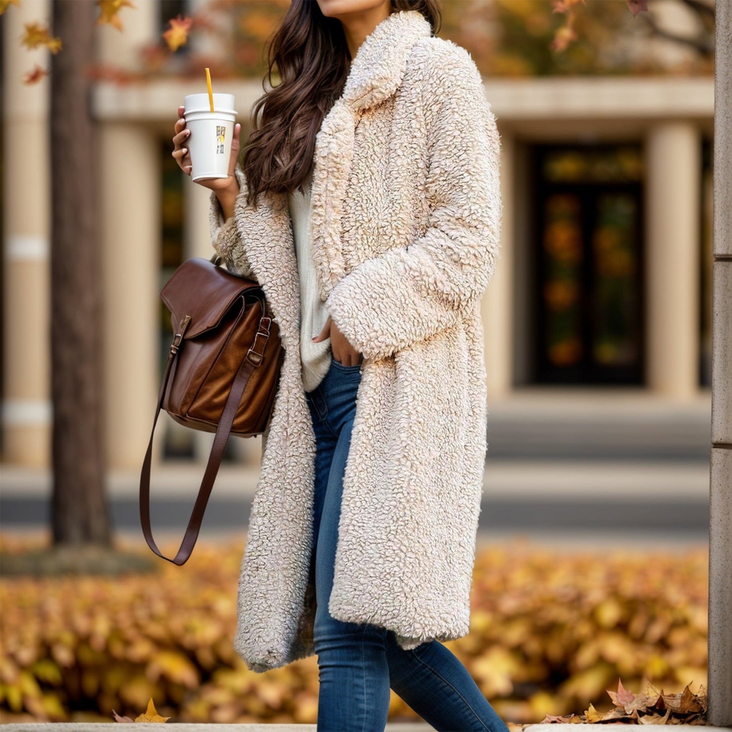 Damska - Stylowy Płaszcz - Oversized Teddy Coat - Kołnierzem i Podszewką - Modny i Wygodny