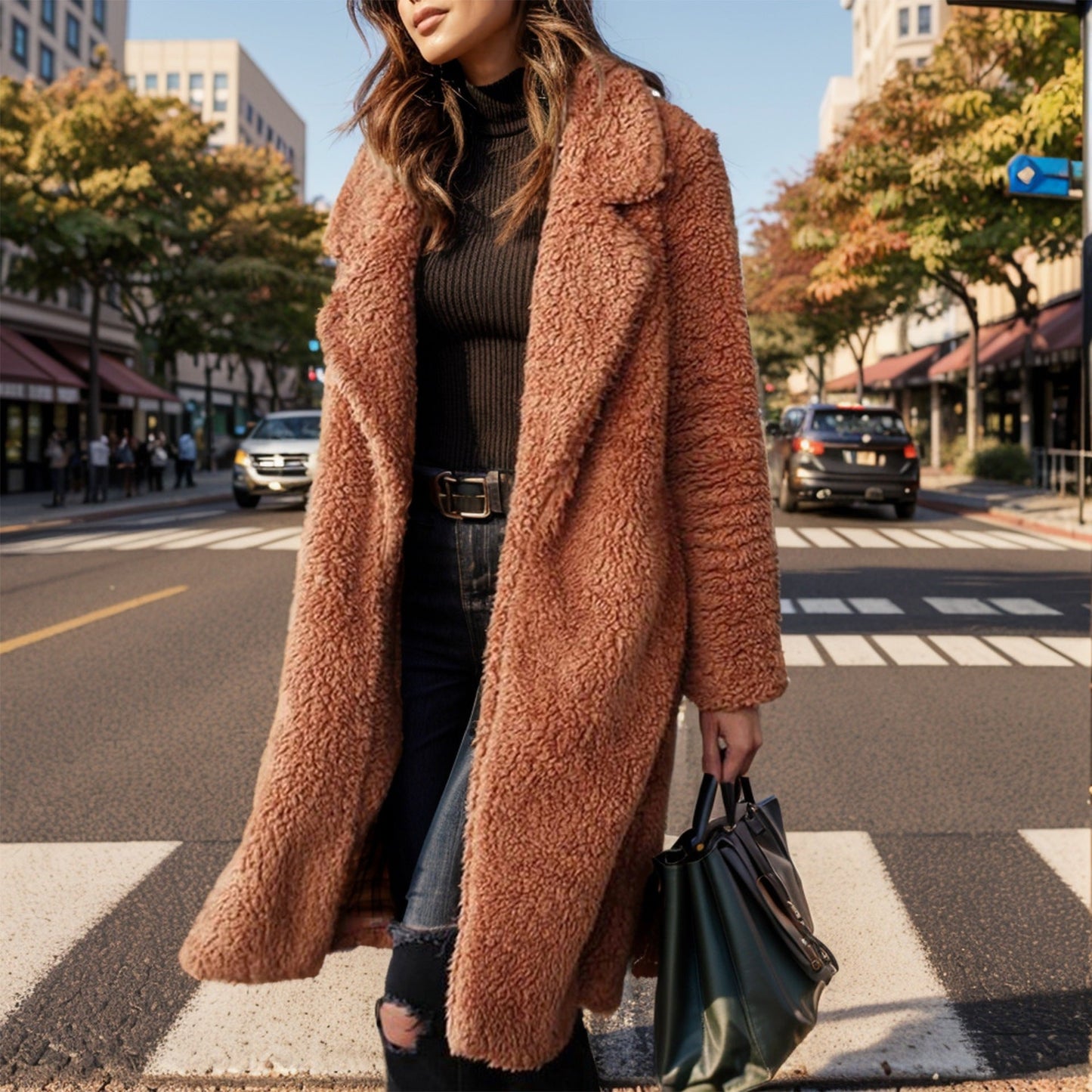 Damska - Stylowy Płaszcz - Oversized Teddy Coat - Kołnierzem i Podszewką - Modny i Wygodny