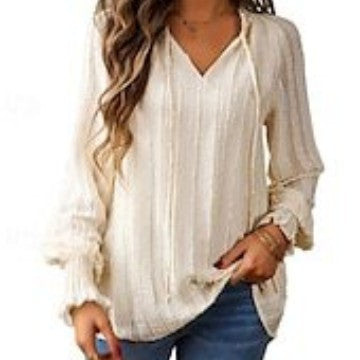 Damska - Bluzka - Swobodny dekolt w serek z falbankami - Lekka i stylowa - Idealna na co dzień