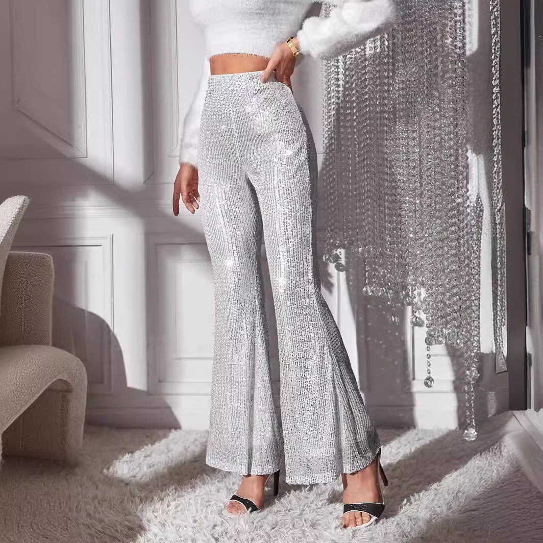 Damska - Eleganckie spodnie - Wysokim stanem - Brokatowe detale - Stylowe i wygodne