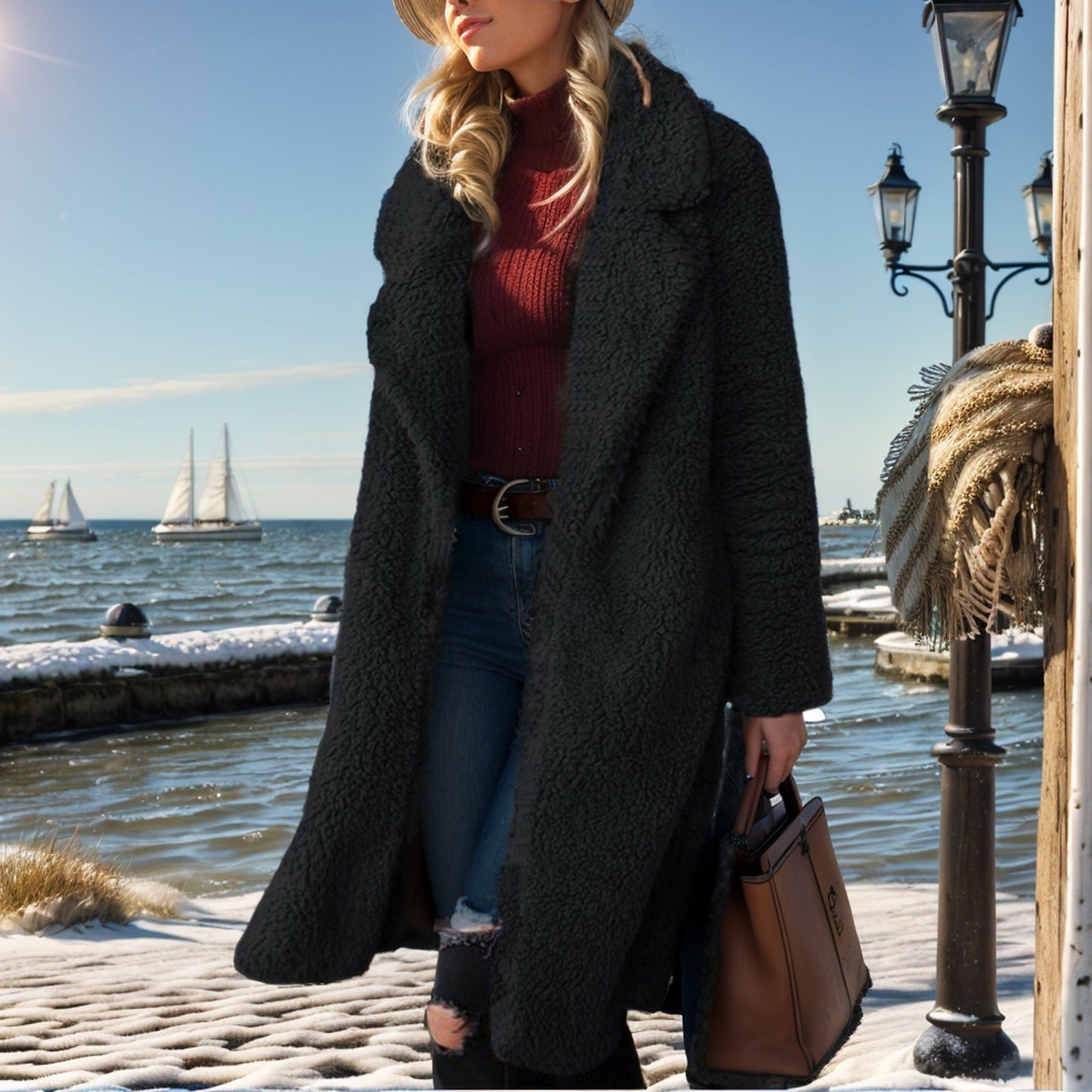Damska - Stylowy Płaszcz - Oversized Teddy Coat - Kołnierzem i Podszewką - Modny i Wygodny