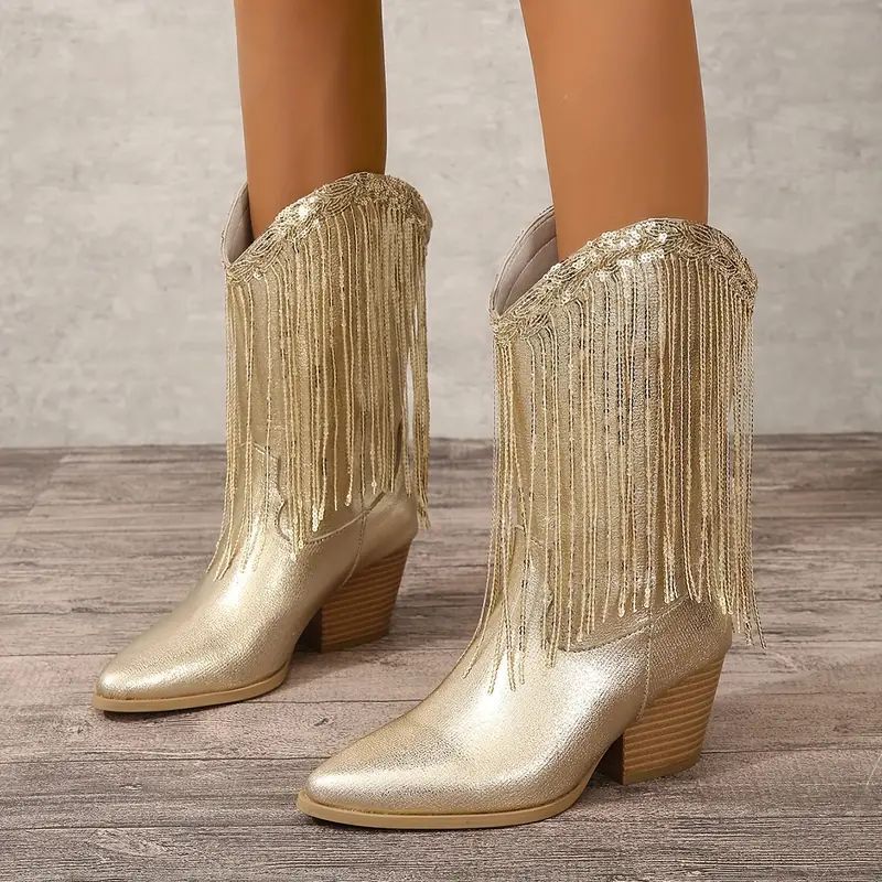 Damska - Buty kowbojskie - Połowy łydki z cekinami i frędzlami - Stylowe i modowe obuwie na każdą okazję