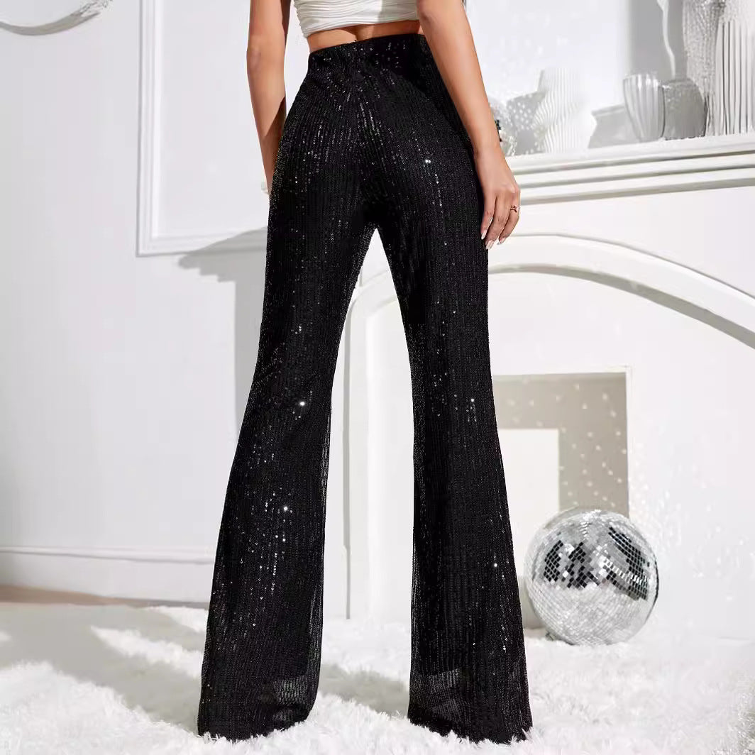 Damska - Eleganckie spodnie - Wysokim stanem - Brokatowe detale - Stylowe i wygodne