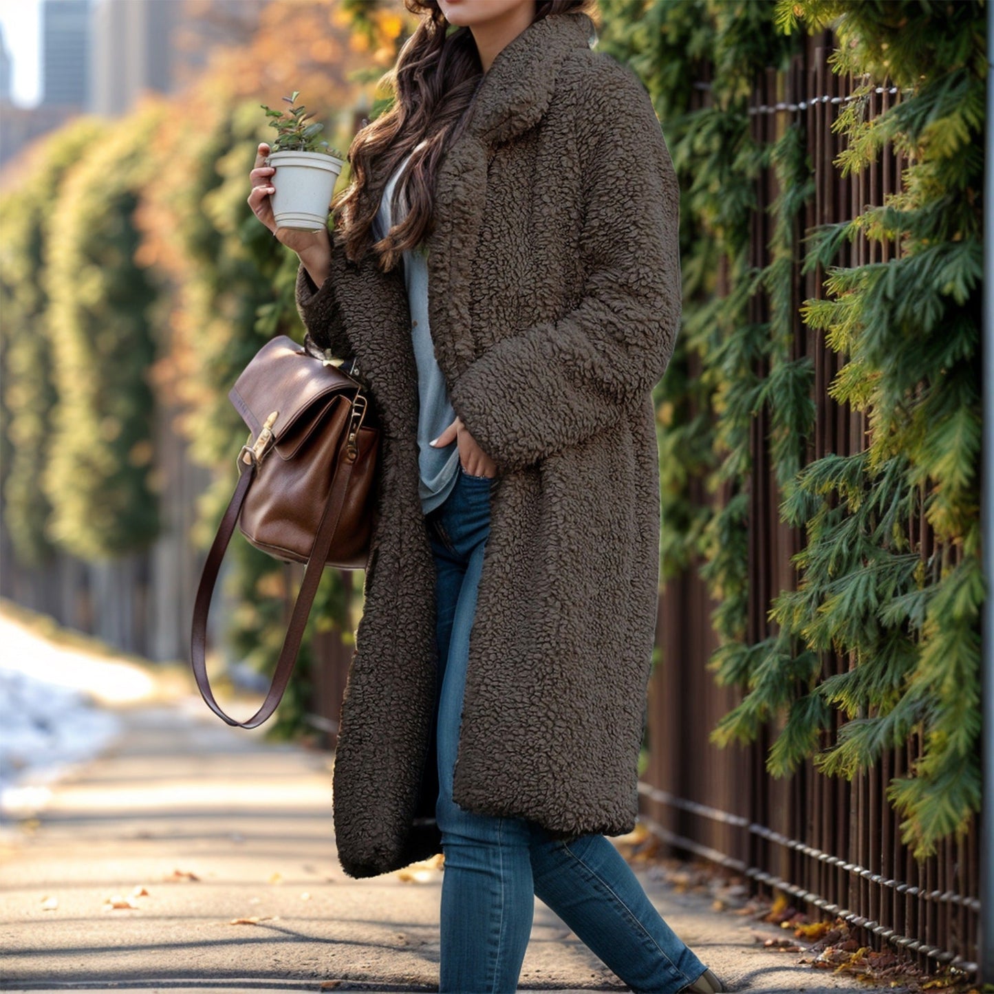 Damska - Stylowy Płaszcz - Oversized Teddy Coat - Kołnierzem i Podszewką - Modny i Wygodny