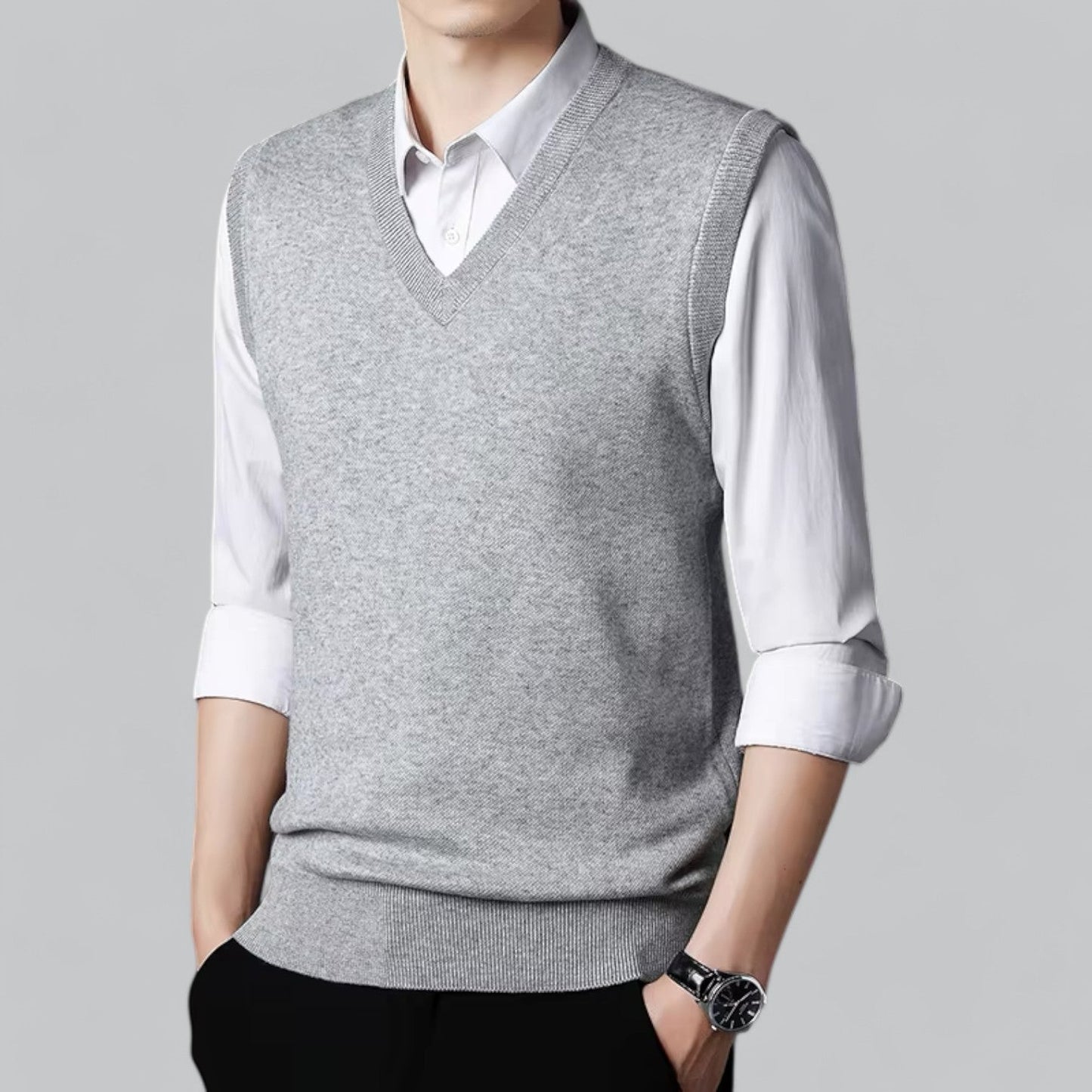 Męska - Klasyczny kardigan bez rękawów - Dekoltem w szpic - Miękki materiał - Stylowa warstwa wierzchnia